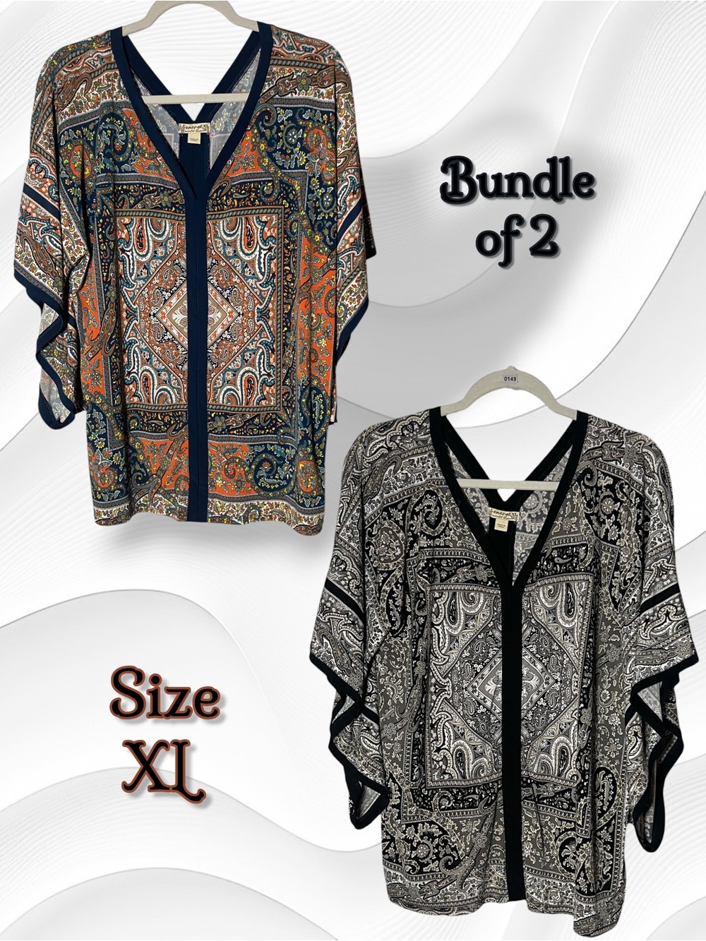 Energie Women’s Boho Paisley Medallion V-Neck Top - Kimono Sleeve XL Bundle of 2
